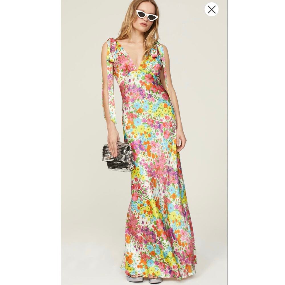 LES REVERIES Mutlicolor Floral A-Line Sheath Plunge Neck Maxi Dress size 10